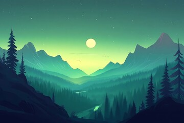 Nighttime Mountain Landscape with Full Moon and Dense Forest Under Starry Sky mountains trees