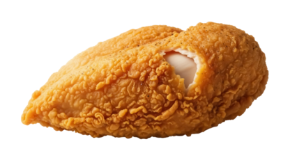 Golden fried chicken breast isolated PNG, crispy and delicious poultry cutlet on transparent background for fast food menus and takeout