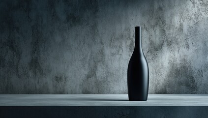 Sleek, matte black bottle on a textured concrete surface, soft light