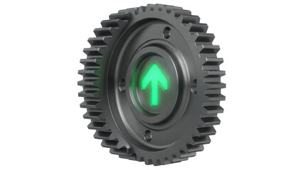 Gray gear with green arrow isolated PNG, mechanical part on transparent background for technology and engineering projects