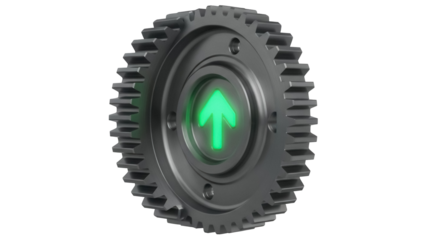 Gray gear with green arrow isolated PNG, mechanical part on transparent background for technology and engineering projects