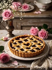 Cherry Pie With Lattice Crust On Rustic Table Surrounded By Flowers 