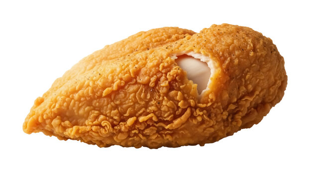 Golden fried chicken breast isolated PNG, crispy and delicious poultry cutlet on transparent background for fast food menus and takeout