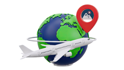 Airplane travel around the world with a location pin