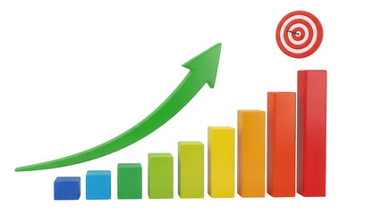 Colorful bar graph with green arrow and target isolated PNG, business growth and success concept on transparent background
