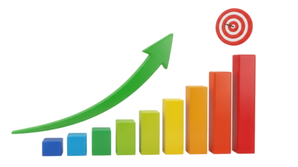Colorful bar graph with green arrow and target isolated PNG, business growth and success concept on transparent background