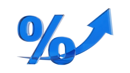 Blue percentage sign with arrow isolated PNG, financial growth and success concept on transparent background