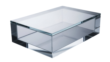 Modern clear glass coffee table isolated PNG on transparent background, contemporary furniture for living room and interior design projects