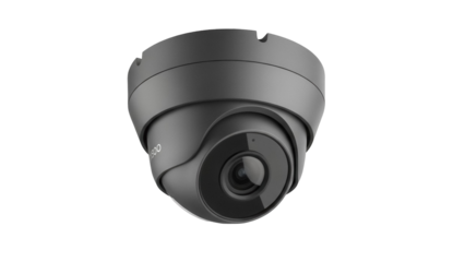 Modern dark gray dome security camera PNG isolated on transparent background, surveillance equipment for home and business safety