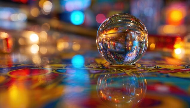 Clear glass ball reflecting colorful lights on a vibrant arcade game surface