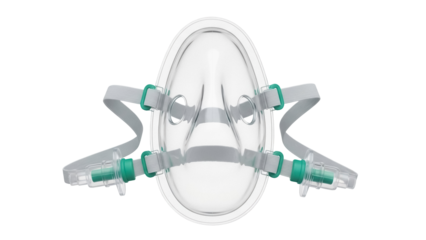 Transparent oxygen mask PNG isolated on transparent background, medical equipment for respiratory therapy and healthcare use, clear plastic with green accents