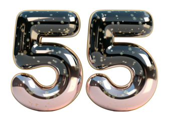 Black and gold numbers representing fifty-five are displayed. These numbers have a shiny look and are cut out with a transparent background. They can be used for party decorations