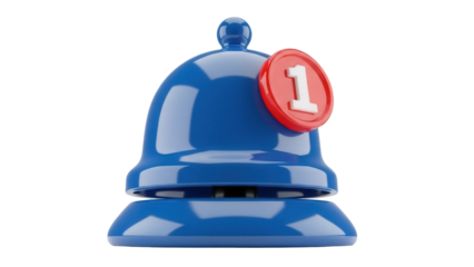 Blue notification bell with number one isolated PNG, alert reminder icon for social media and app interface design