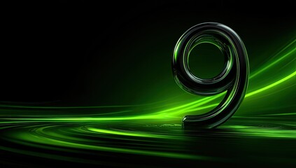 A glossy, metallic number nine on a vibrant, glowing green abstract background