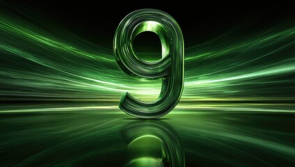Shiny chrome numeral nine on a dynamic green abstract background with light streaks