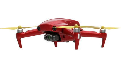 Red drone with yellow propellers isolated PNG, unmanned aerial vehicle for photography and videography on transparent background