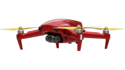 Red drone with yellow propellers isolated PNG, unmanned aerial vehicle for photography and videography on transparent background