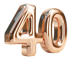 Number 40 made of premium metal texture on a transparent background. This cut out element suits jubilee celebrations, party decorations, and milestone events