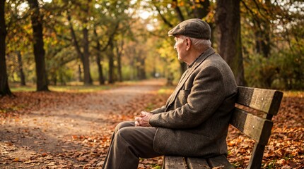 Obraz premium Elderly Man Sitting Alone on a Wooden Bench in a Quiet Park During Autumn Afternoon