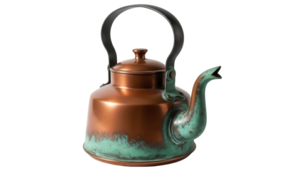 Vintage copper tea kettle isolated PNG on transparent background, antique kitchenware for hot water and beverage preparation