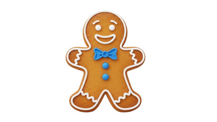 Gingerbread man cookie PNG isolated on transparent background, festive holiday treat with icing and bow tie for Christmas designs