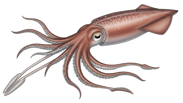 Brown squid PNG isolated on transparent background, cephalopod with tentacles and fins, marine animal for seafood and ocean life concepts