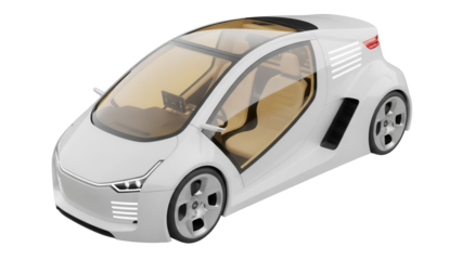 Modern white electric car PNG isolated on transparent background, futuristic vehicle design for sustainable transportation and automotive concepts