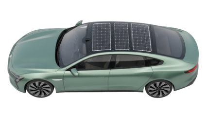 Green electric car with solar panels isolated PNG, eco-friendly vehicle on transparent background for sustainable transport