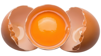 Cracked egg with yolk isolated PNG on transparent background, broken eggshell halves with bright orange yolk for cooking and baking