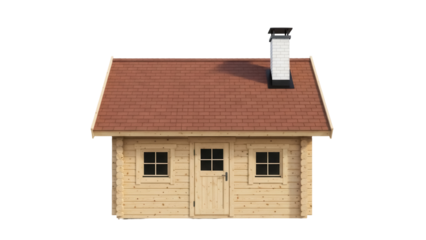 Wooden sauna cabin PNG isolated on transparent background, small log house with chimney for relaxation and wellness design