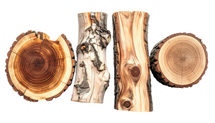 Four pieces of cut wood, showcasing different textures and cross-sections against a black background