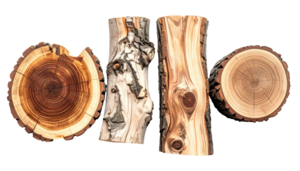 Four pieces of cut wood, showcasing different textures and cross-sections against a black background