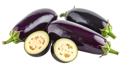 Four plump, glossy eggplants are seen, one halved to show seeded interior