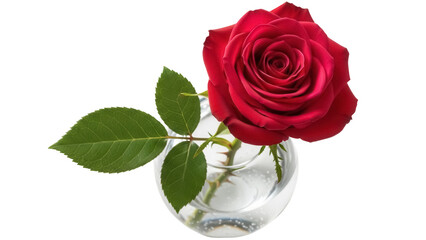 Fototapeta premium Beautiful red rose in a glass vase isolated PNG, romantic flower on transparent background for Valentine s Day and Mother s Day designs
