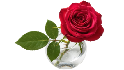 Beautiful red rose in a glass vase isolated PNG, romantic flower on transparent background for Valentine s Day and Mother s Day designs