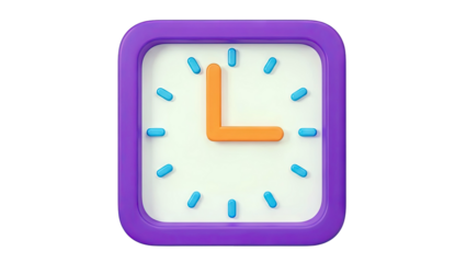 3D Rendered Square Clock Icon with Purple Bezel and Orange Hour Hand