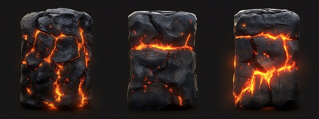Three fiery lava rocks with glowing cracks on a background