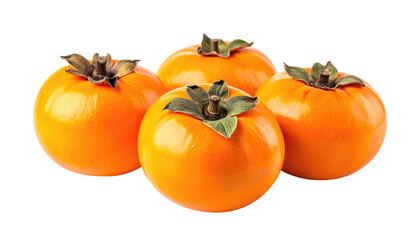 Four ripe, vibrant orange fruits, with green stems and leaves, set against a black backdrop