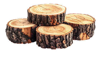 Four round, cross-sectioned pieces of wood are stacked, showing detailed growth rings