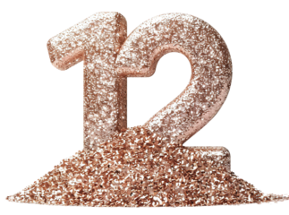 Number 12 covered in premium glitter dust is placed over a pile of glitter. The background is transparent, allowing for easy use in various design projects or crafts