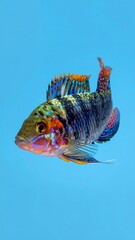 Vibrantly colored cichlid with intricate patterns, swimming in a clean blue background