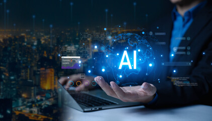 Businessman holding glowing artificial intelligence globe with data analytics interface, global network connections, representing AI technology, data-driven business, and future innovation.