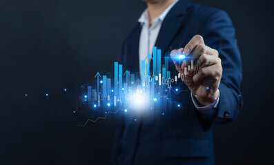 Businessman analyzing rising financial chart with digital data visualization, growth analytics, investment performance, stock market trend, business strategy concept for finance and economic success.