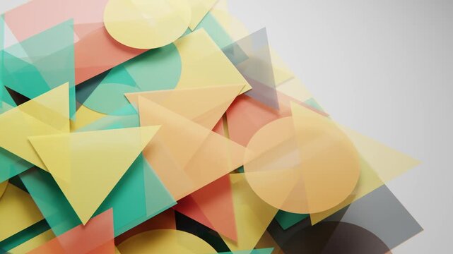 Abstract geometric shapes overlap in a translucent, colorful composition with soft lighting. Seamless loop.