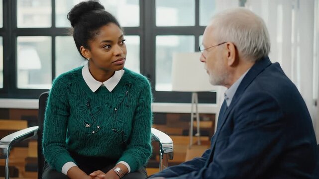 Senior therapist consulting with young woman patient during counseling session, demonstrating mental health support and personal wellbeing.