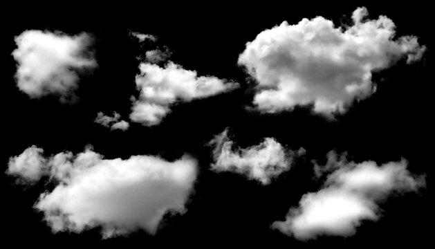 Set of realistic white clouds isolated on black background, soft smoke and fog shapes for design overlay, weather effect, atmospheric elements, mist texture, and natural sky composition.