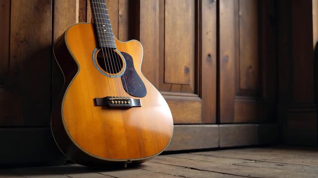 Acoustic guitar resting against wooden wall with warm light and subtle camera motion