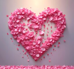 Love heart made from rose petals, soft lighting, romantic mood, clean background