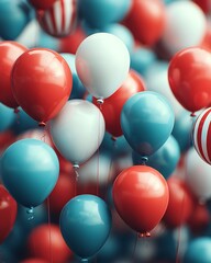 A vibrant mix of red, white, and blue balloons fills the frame, creating a festive and celebratory atmosphere.
