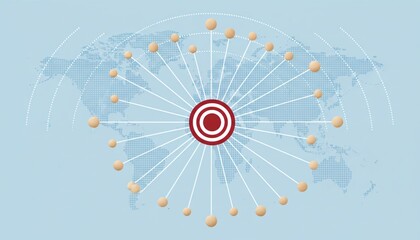 Global network hub connecting multiple points on world map background for business strategy